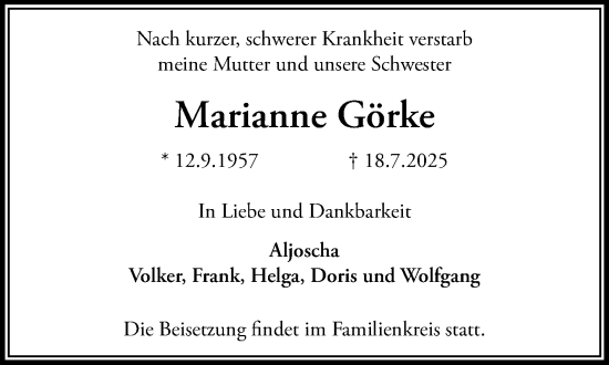 Traueranzeige von Marianne Görke von MARKT Ratzeburg/Mölln