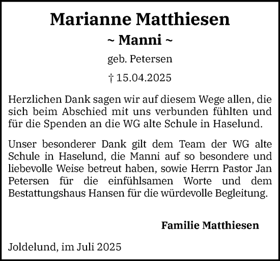 Traueranzeige von Marianne Matthiesen von Region Flensburg