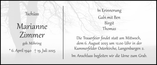Traueranzeige von Marianne Zimmer von Region Pinneberg und tip Pinneberg