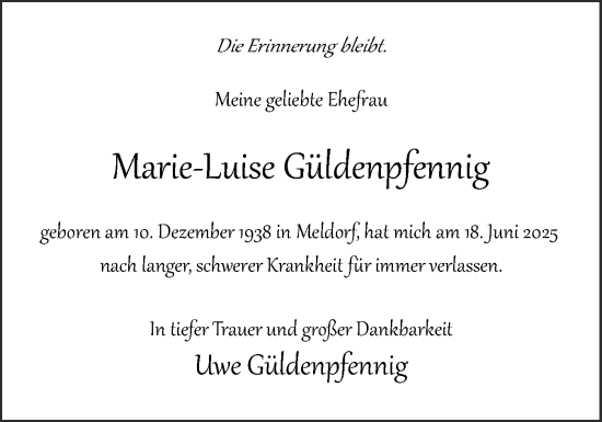 Traueranzeige von Marie-Luise Güldenpfennig von Uetersener Nachrichten, Der tip am Wochenende