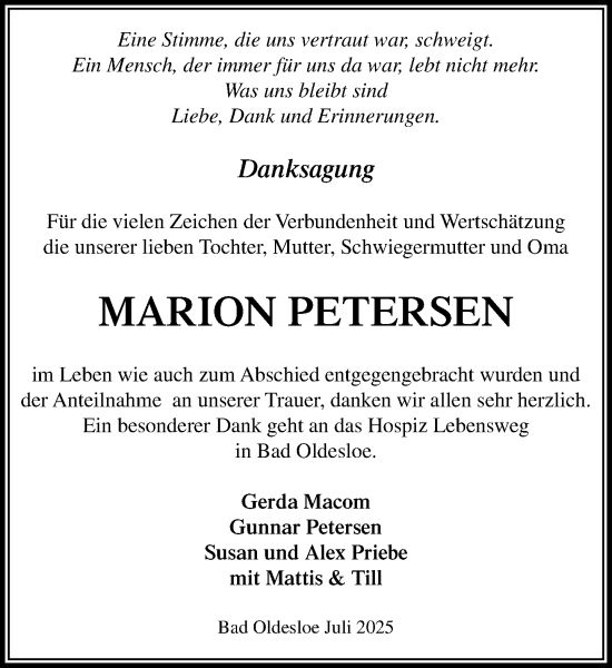 Traueranzeige von Marion Petersen von MARKT Bad Oldesloe/Reinfeld und Stormarner Tageblatt