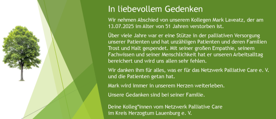 Traueranzeige von Mark Laveatz von MARKT Ratzeburg/Mölln