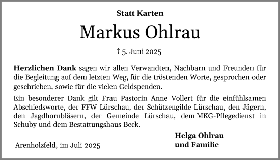 Traueranzeige von Markus Ohlrau von Schleswiger Nachrichten, Schlei-Bote
