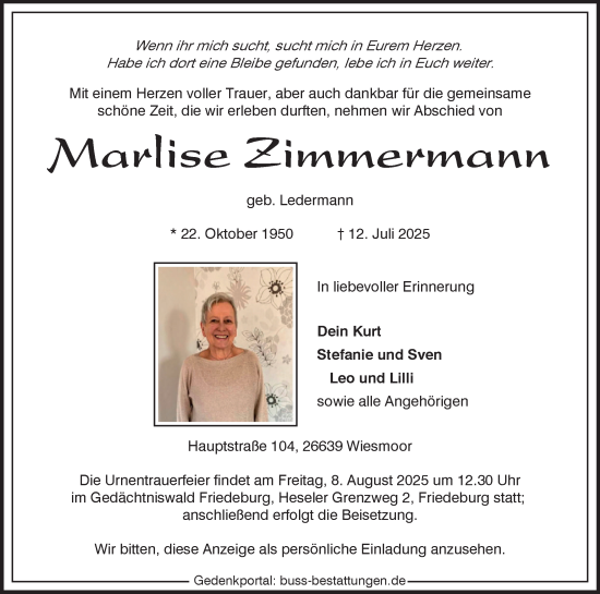 Traueranzeige von Marlise Zimmermann von Heimatspiegel
