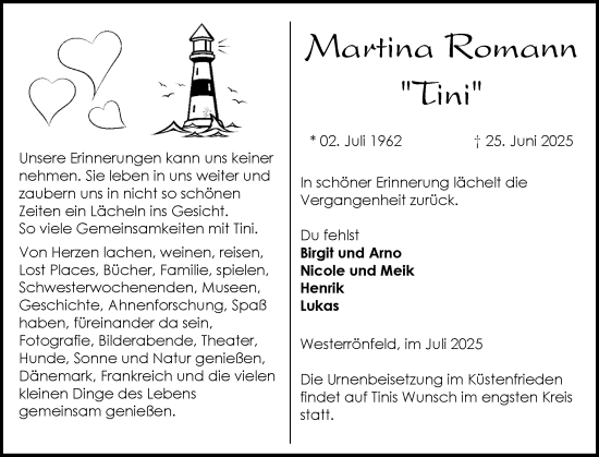 Traueranzeige von Martina Romann von Schleswig-Holsteinische Landeszeitung