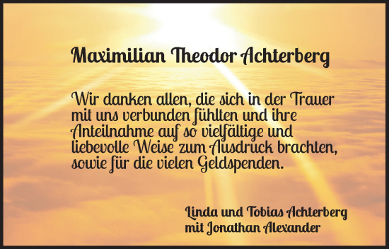 Traueranzeige von MaximilianTheodor Achterberg von Stormarner Tageblatt