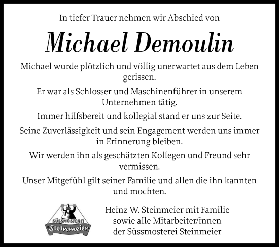 Traueranzeige von Michael Demoulin von Schleswiger Nachrichten, Schlei-Bote, Eckernförder Zeitung