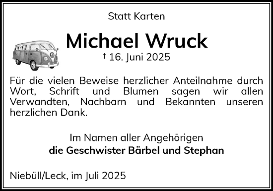 Traueranzeige von Michael Wruck von Husumer Nachrichten, Nordfriesland Tageblatt