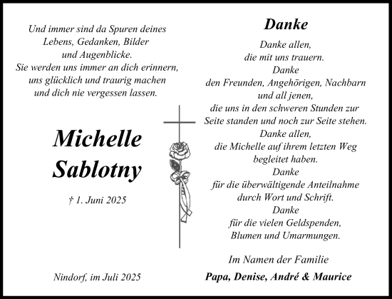 Traueranzeige von Michelle Sablotny von Schleswig-Holsteinische Landeszeitung