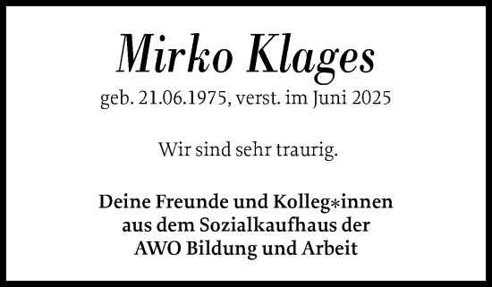 Traueranzeige von Mirko Klages von Region Pinneberg und tip Pinneberg