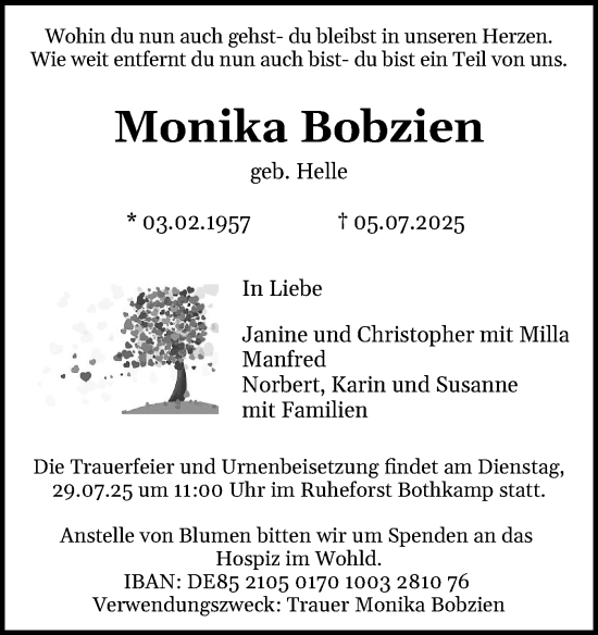 Traueranzeige von Monika Bobzien von Holsteinischer Courier