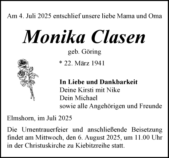 Traueranzeige von Monika Clasen von Elmshorner Nachrichten, Barmstedter Zeitung