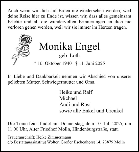 Traueranzeige von Monika Engel von MARKT Ratzeburg/Mölln