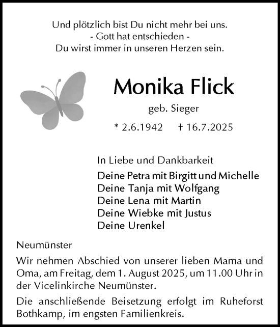 Traueranzeige von Monika Flick von Holsteinischer Courier