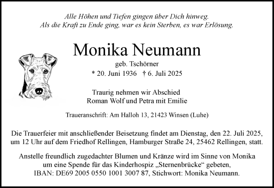 Traueranzeige von Monika Neumann von Region Pinneberg und tip Pinneberg
