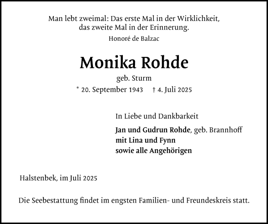 Traueranzeige von Monika Rohde von Region Pinneberg und tip Pinneberg