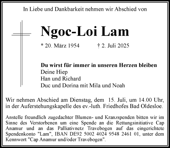 Traueranzeige von Ngoc-Loi Lam von MARKT Bad Oldesloe/Reinfeld und Stormarner Tageblatt