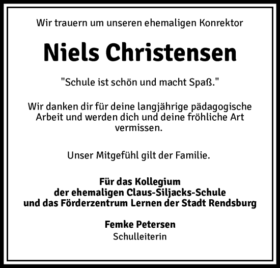 Traueranzeige von Niels Christensen von Schleswig-Holsteinische Landeszeitung