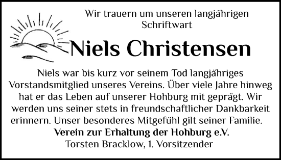 Traueranzeige von Niels Christensen von Schleswig-Holsteinische Landeszeitung
