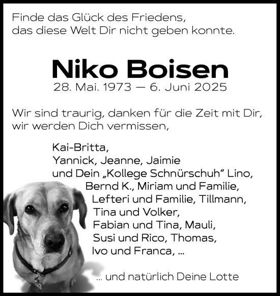 Traueranzeige von Niko Boisen von Wochenend Anzeiger