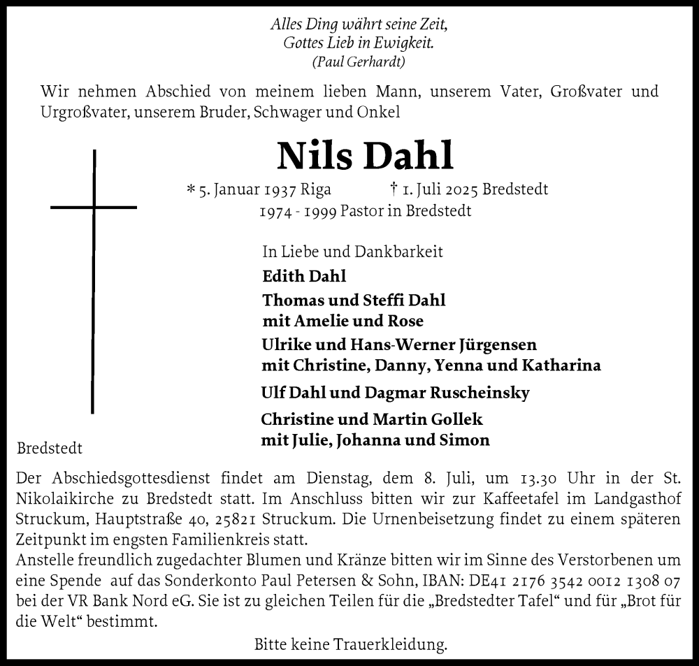  Traueranzeige für Nils Dahl vom 07.07.2025 aus Husumer Nachrichten, Nordfriesland Tageblatt