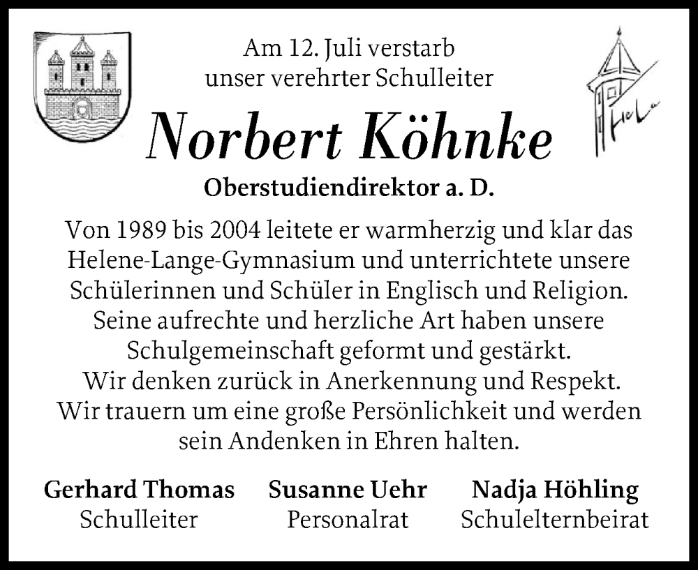  Traueranzeige für Norbert Köhnke vom 23.07.2025 aus Schleswig-Holsteinische Landeszeitung