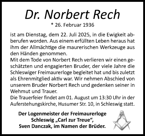 Traueranzeige von Norbert Rech von Schleswiger Nachrichten, Schlei-Bote