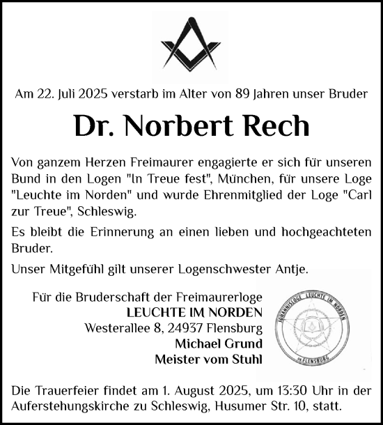 Traueranzeige von Norbert Rech von Flensburger Tageblatt