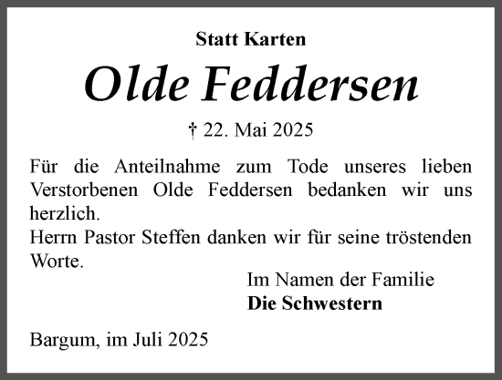 Traueranzeige von Olde Feddersen von Husumer Nachrichten, Nordfriesland Tageblatt