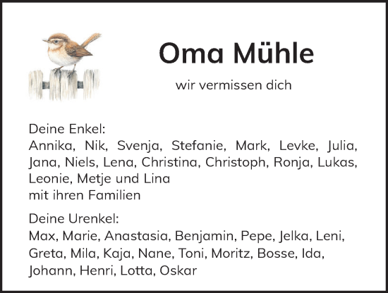 Traueranzeige von Oma Mühle  von Flensburger Tageblatt