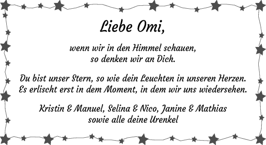 Traueranzeige von Omi  von MARKT Ratzeburg/Mölln