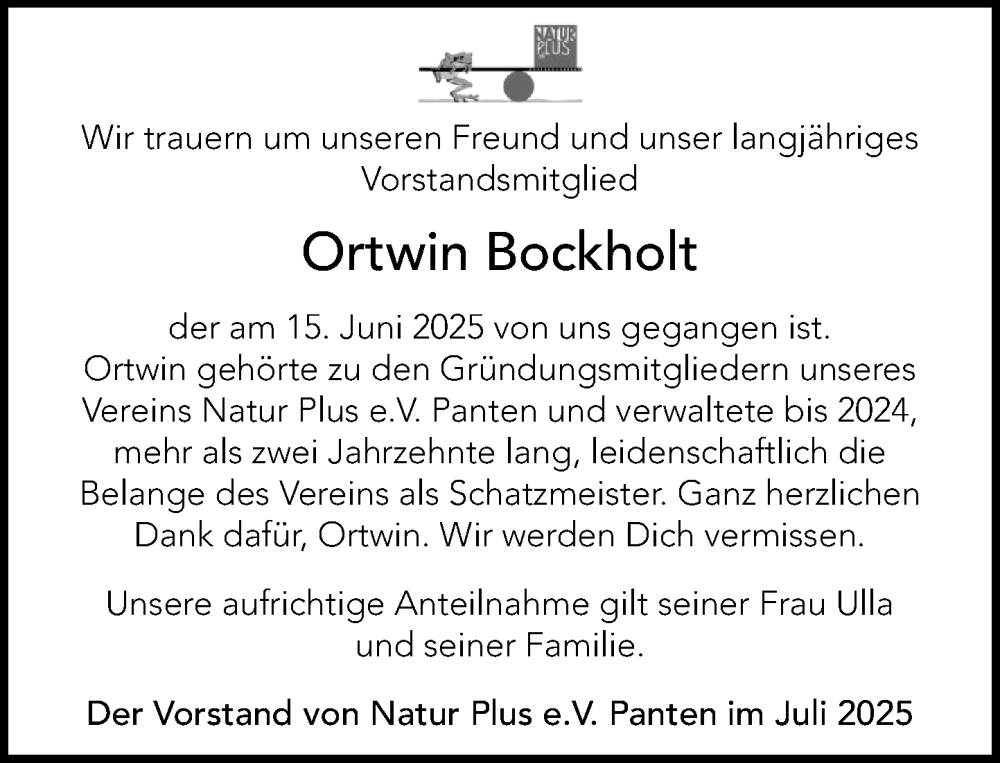  Traueranzeige für Ortwin Bockholt vom 19.07.2025 aus MARKT Ratzeburg/Mölln