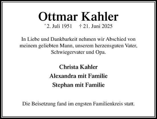 Traueranzeige von Ottmar Kahler von Wochenend Anzeiger