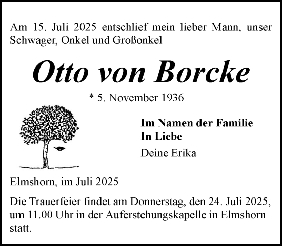 Traueranzeige von Otto von Borcke von Elmshorner Nachrichten, Barmstedter Zeitung