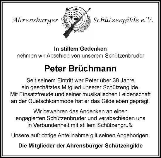 Traueranzeige von Peter Brüchmann von MARKT Ahrensburg/Bargteheide/Trittau und Stormarner Tageblatt