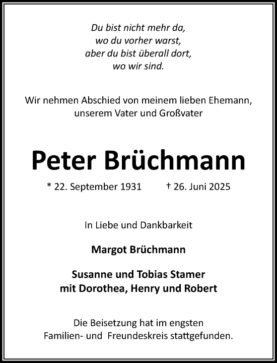 Traueranzeige von Peter Brüchmann von MARKT Ahrensburg/Bargteheide/Trittau und Stormarner Tageblatt