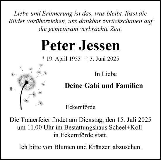 Traueranzeige von Peter Jessen von Eckernförder Zeitung, Hallo Eckernförde