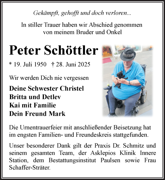 Traueranzeige von Peter Schöttler von MARKT Bad Oldesloe/Reinfeld und Stormarner Tageblatt