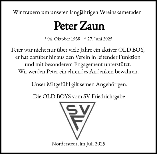 Traueranzeige von Peter Zaun von Heimatspiegel