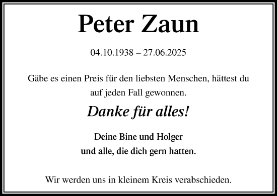 Traueranzeige von Peter Zaun von Heimatspiegel