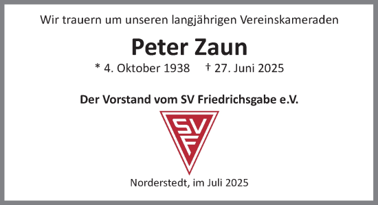 Traueranzeige von Peter Zaun von Heimatspiegel