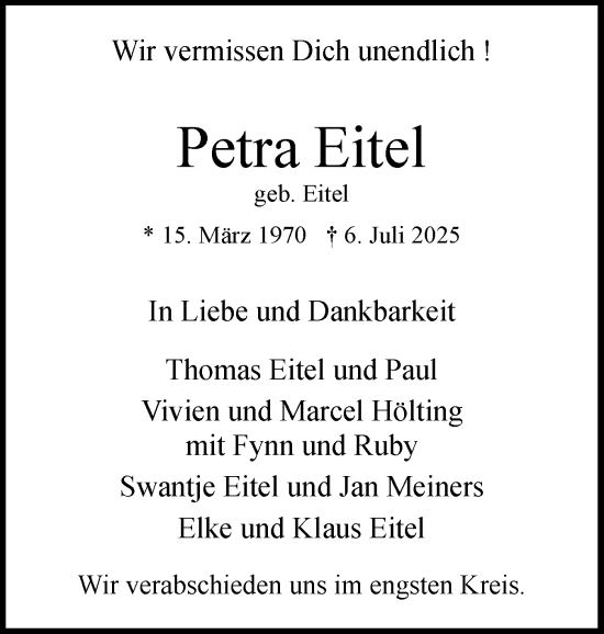 Traueranzeige von Petra Eitel von Region Pinneberg und tip Pinneberg