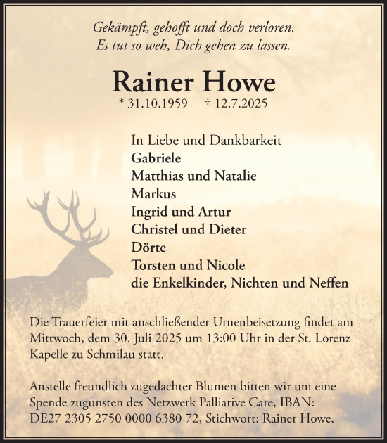Traueranzeige von Rainer Howe von MARKT Ratzeburg/Mölln