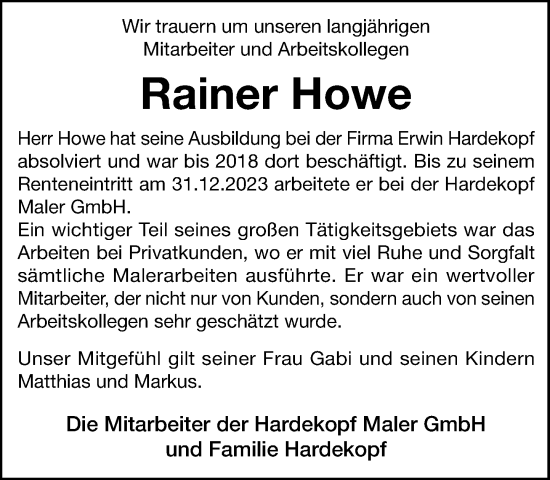 Traueranzeige von Rainer Howe von MARKT Ratzeburg/Mölln