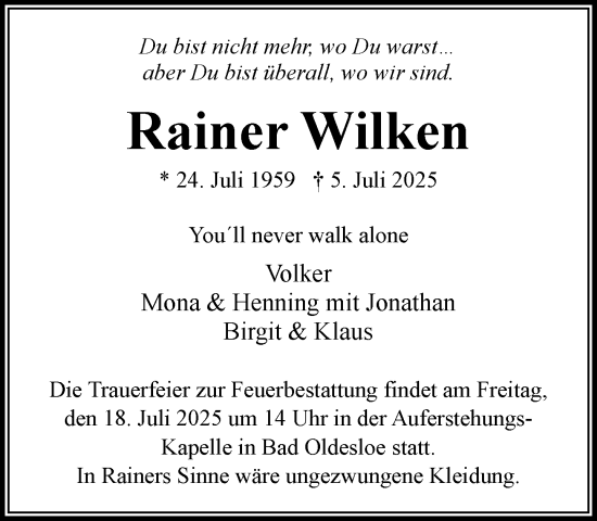 Traueranzeige von Rainer Wilken von MARKT Bad Oldesloe/Reinfeld, MARKT Ahrensburg/Bargteheide/Trittau und Stormarner Tageblatt