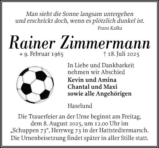 Traueranzeige von Rainer Zimmermann von Husumer Nachrichten, Nordfriesland Tageblatt