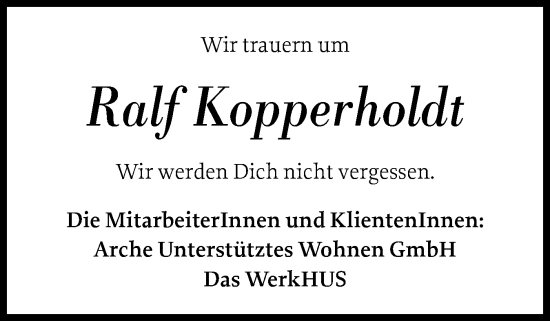 Traueranzeige von Ralf Kopperholdt von Husumer Nachrichten, Nordfriesland Tageblatt