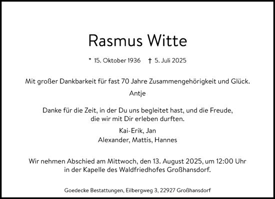 Traueranzeige von Rasmus Witte von MARKT Ahrensburg/Bargteheide/Trittau und Stormarner Tageblatt
