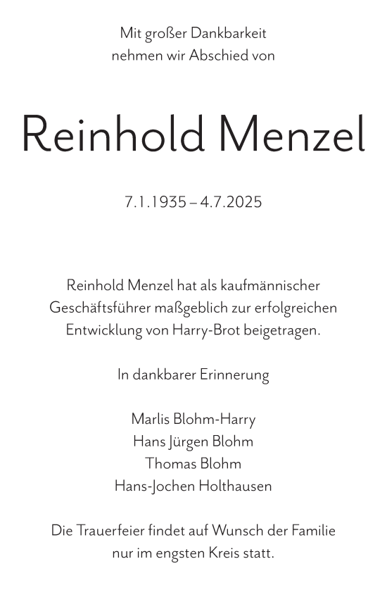 Traueranzeige von Reinhold Menzel von Region Pinneberg und tip Pinneberg