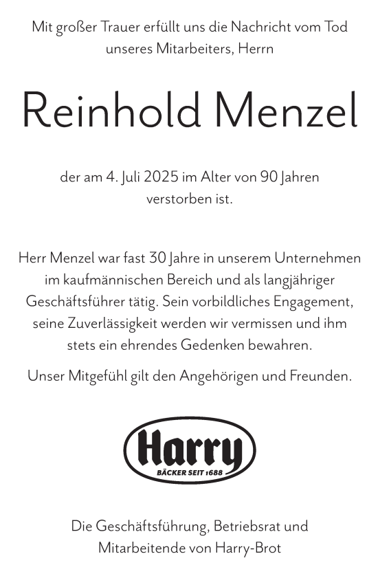 Traueranzeige von Reinhold Menzel von Region Pinneberg und tip Pinneberg